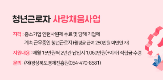 청년근로자 사랑채움사업 자격:중소기업 인턴사원제 수료 및 당해 기업에 계속 근무중인 청년근로자 (월평균 급여 250만원 미만인 자), 지원내용:매월 15만원씩 2년간 납입시 1,060만원(+이자)적립금 수령, 문의:(재)경상북도경제진흥원(054-470-8581)