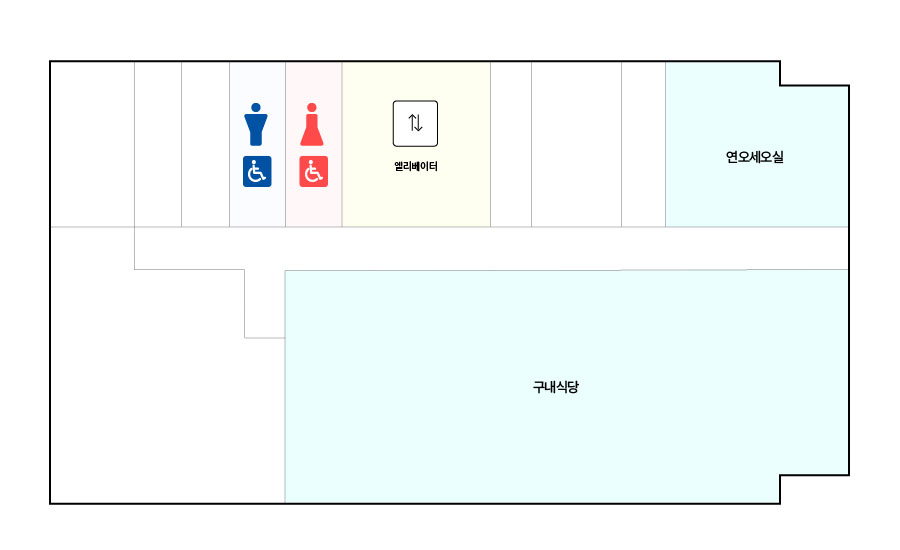 시청사 15층 평면도입니다. 왼쪽부터 시계방향으로 화장실, 직원용엘리베이터, 연오세오실, 구내식당이 있습니다.