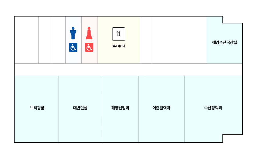 시청사 8층 평면도입니다. 왼쪽부터 시계방향으로 화장실, 직원용엘리베이터, 해양수사눅장실, 수산정책과, 어촌활력과, 해양산업과, 대번인실, 브리핑룸이 있습니다.