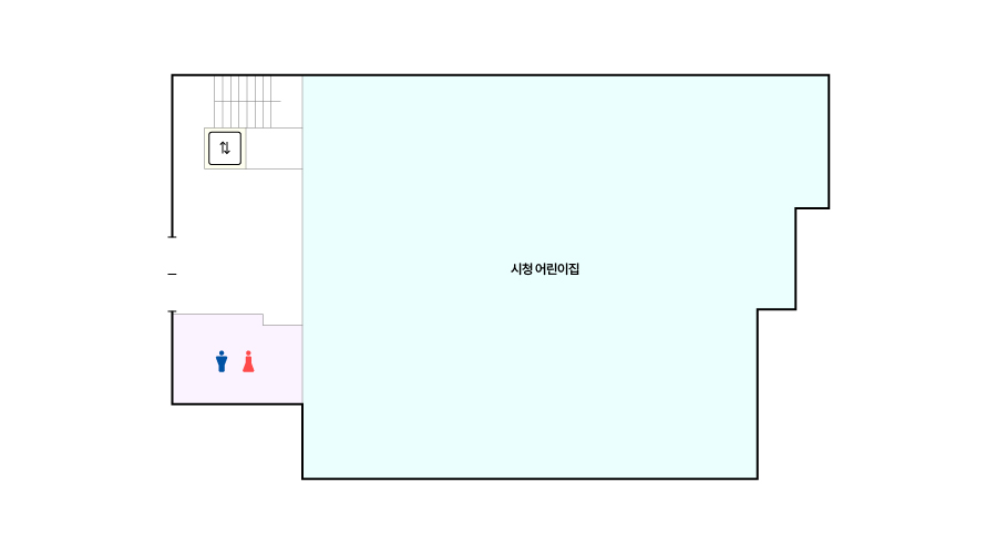대잠도서관 2층 평면도입니다. 왼쪽부터 시계방향으로 시청 어린이집, 화장실이 있습니다.